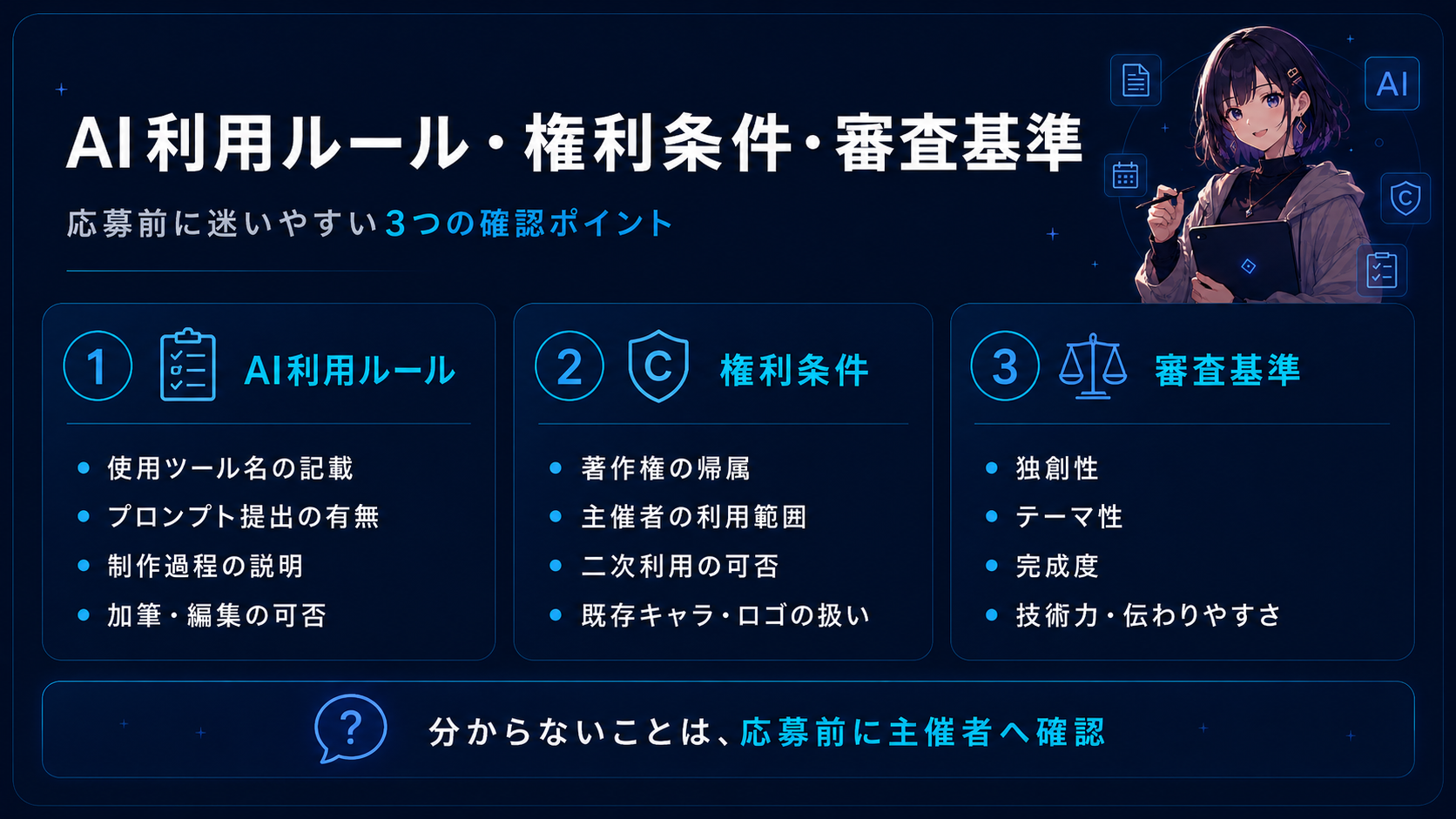 AI利用ルール・権利条件・審査基準で迷いやすいポイント